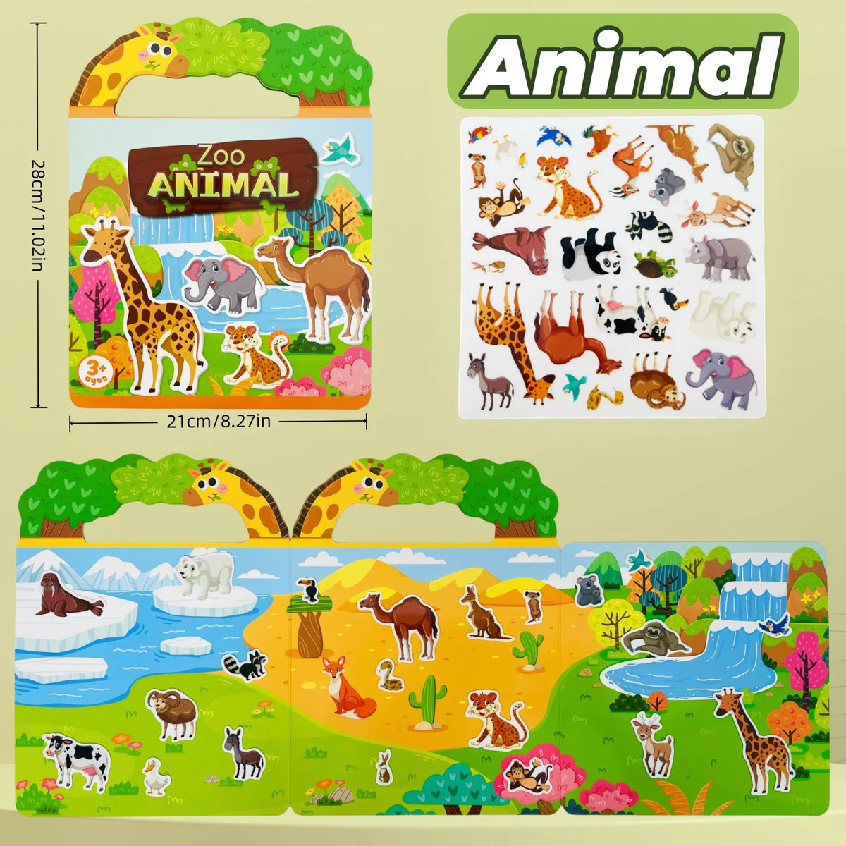 A colorful reusable sticker book for toddlers featuring various animals like a giraffe, elephant, lion, and other wildlife.