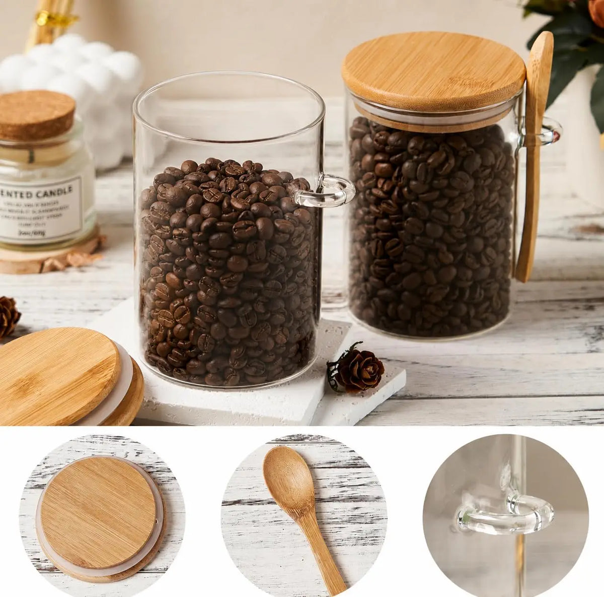 Airtight glass storage jars with bamboo lids and spoons filled with coffee beans on a wooden surface.