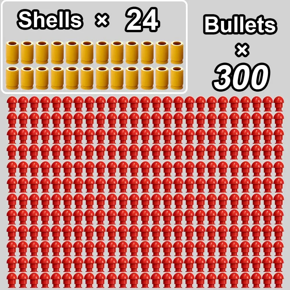 A grid of 300 reusable toy gun shells and darts in red color.