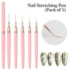 A pack of five pink nail stretching pens with gold accents and various tips shown alongside nail art examples.
