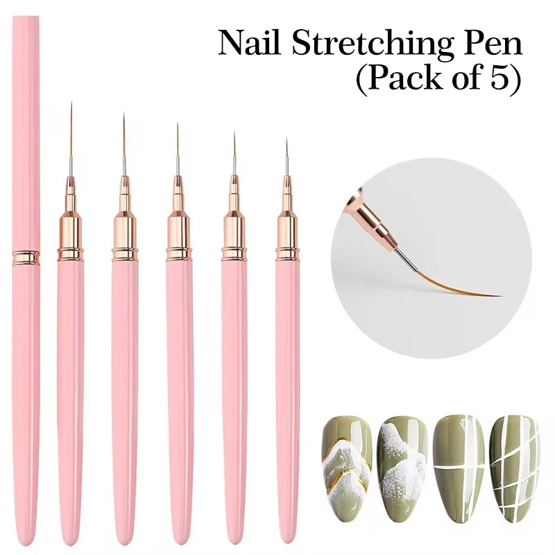 A pack of five pink nail stretching pens with gold accents and various tips shown alongside nail art examples.