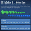 A display showing 10 SAE sizes in green and 11 Metric sizes in blue for a magnetic socket set.