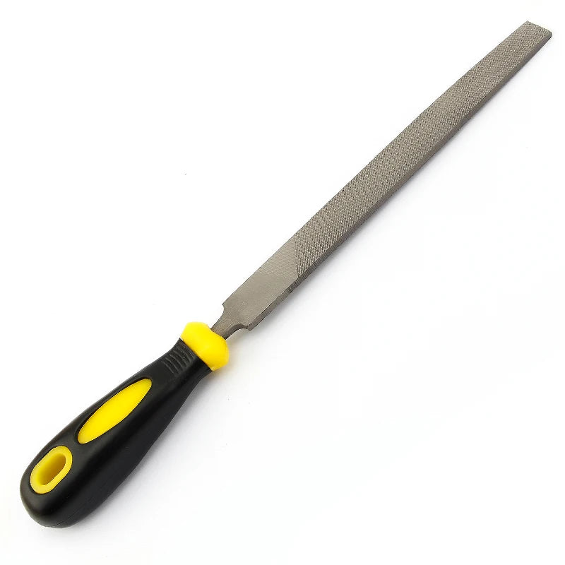 A flat file with a black handle and yellow grip, featuring a gray steel blade for precision metalworking.
