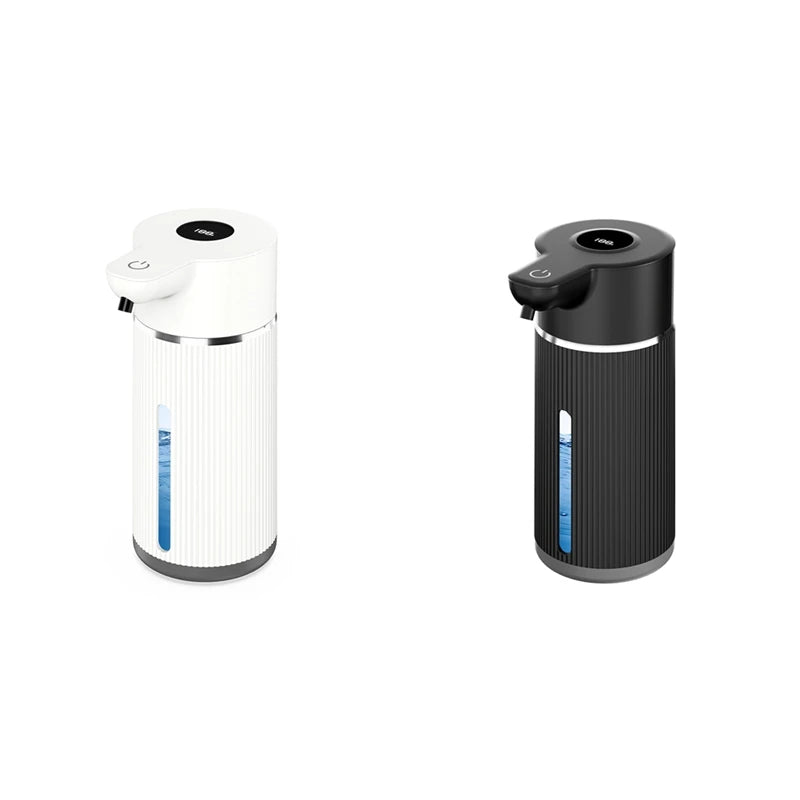 A white automatic foaming soap dispenser with a black pump top and sensor.
