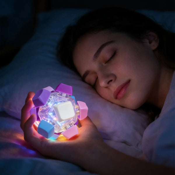 A hand holds a glowing purple and white mini LED keyboard fidget toy resting on a person's face in a soft light.