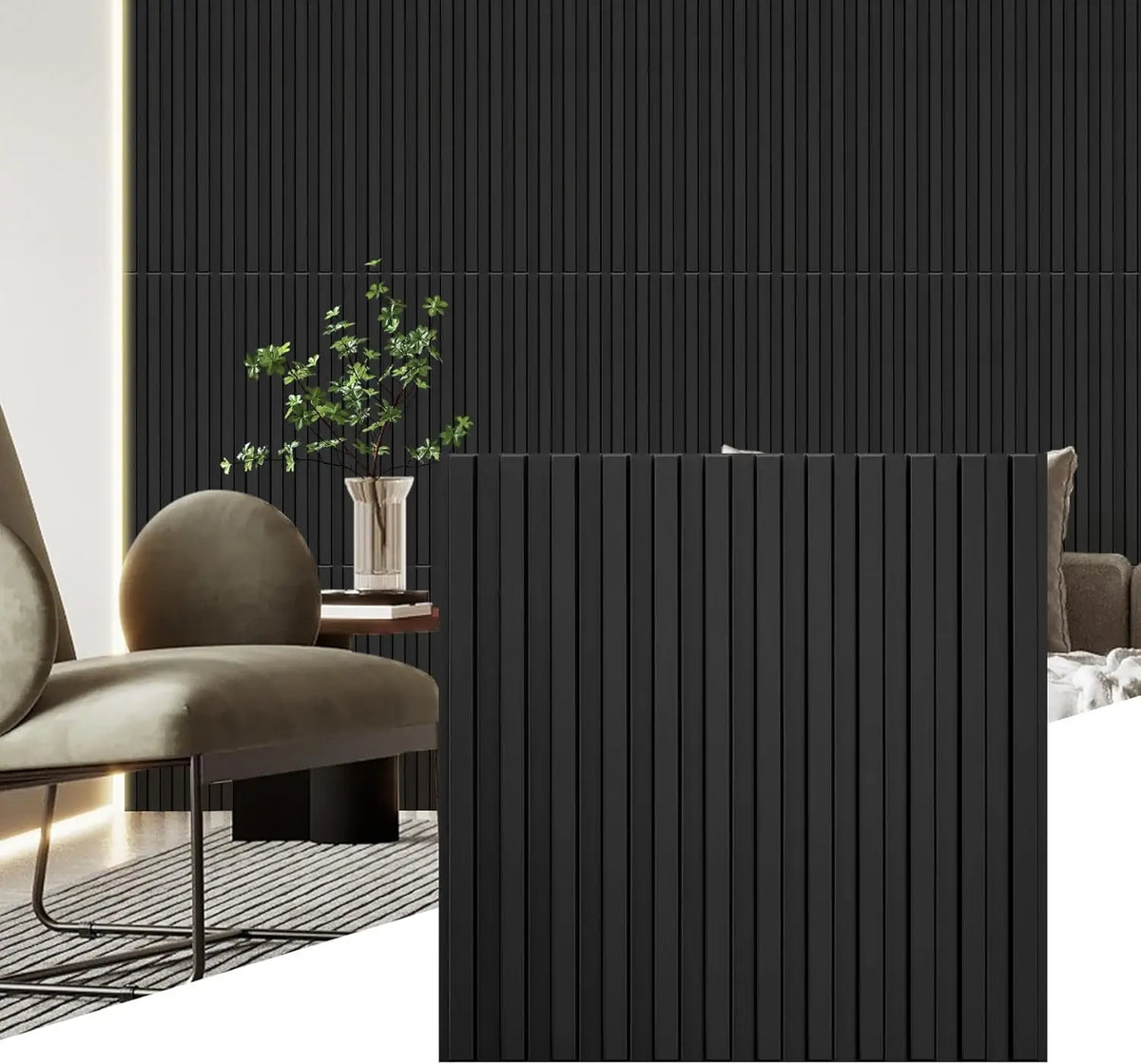 A dark vertical slat wall panel in a modern interior setting with a chair and potted plant.