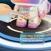 A hand interacts with an interactive robot toy featuring lights, music, and a recording function on a circular platform.