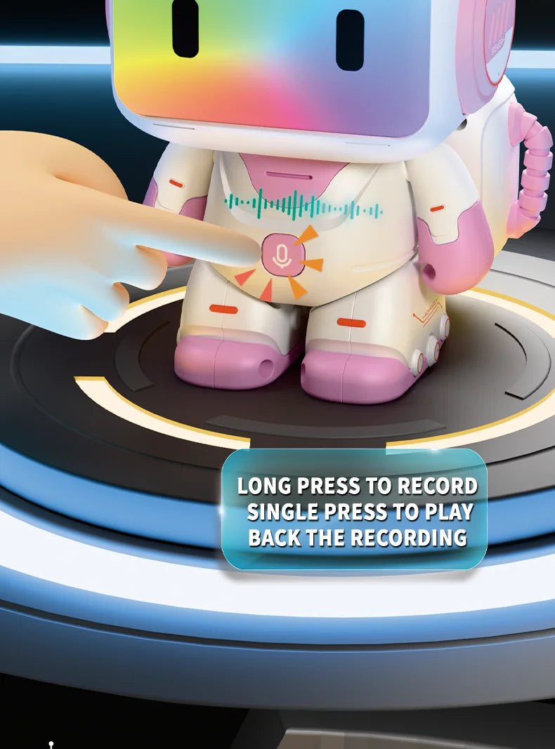 A hand interacts with an interactive robot toy featuring lights, music, and a recording function on a circular platform.