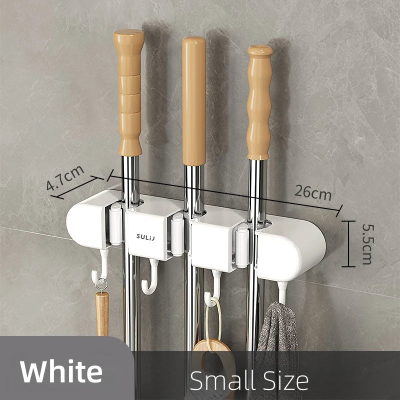 Wall-Mounted Mop and Broom Holder with Adhesive Mount
