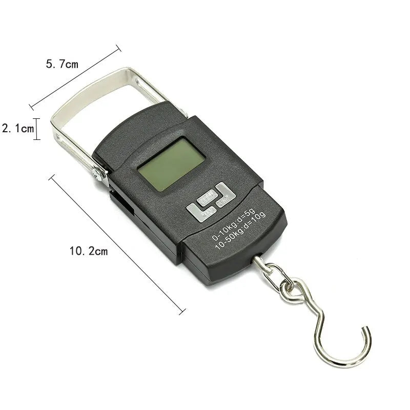 A black portable digital luggage scale with a metal strap and LCD display.