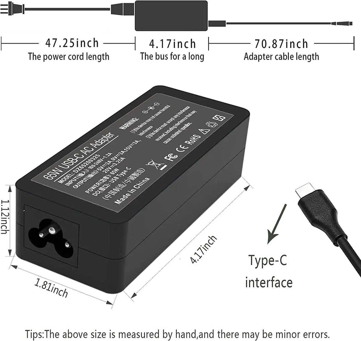 65W USB-C Laptop Charger for Lenovo ThinkPad T480, T580, X280 & More