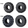 Black mud terrain wheel and tire set for 1/18 and 1/24 RC crawlers shown in two sizes