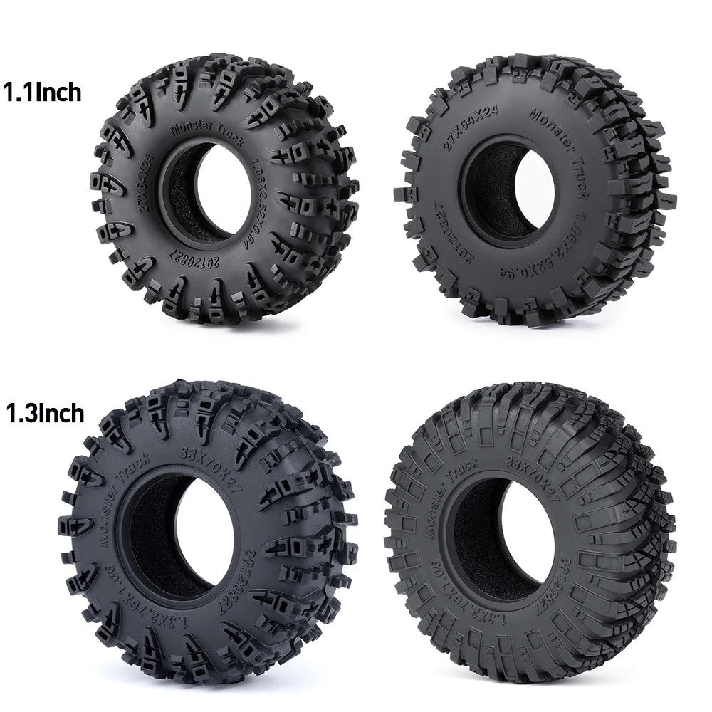 Black mud terrain wheel and tire set for 1/18 and 1/24 RC crawlers shown in two sizes