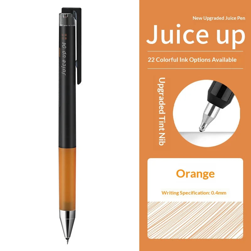 Ein schwarz-orange Pilot Juice Up Gelstift neben Informationen zu dessen Schreibspezifikationen