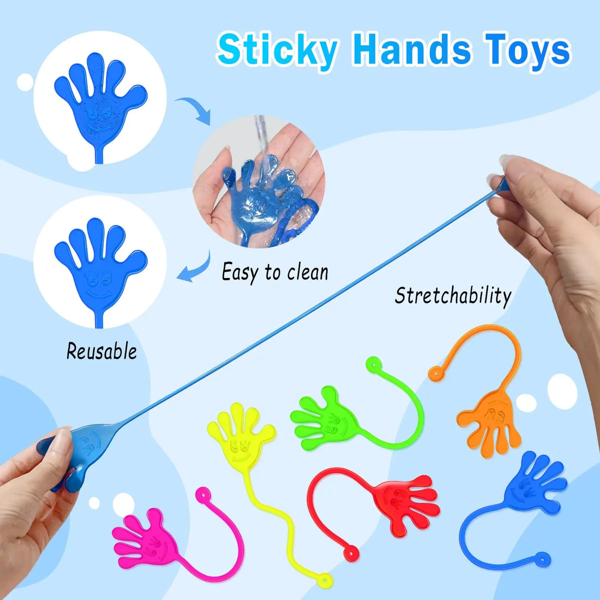 A collection of colorful, stretchy sticky hands toys in various colors like blue, yellow, green, and orange, shown being held
