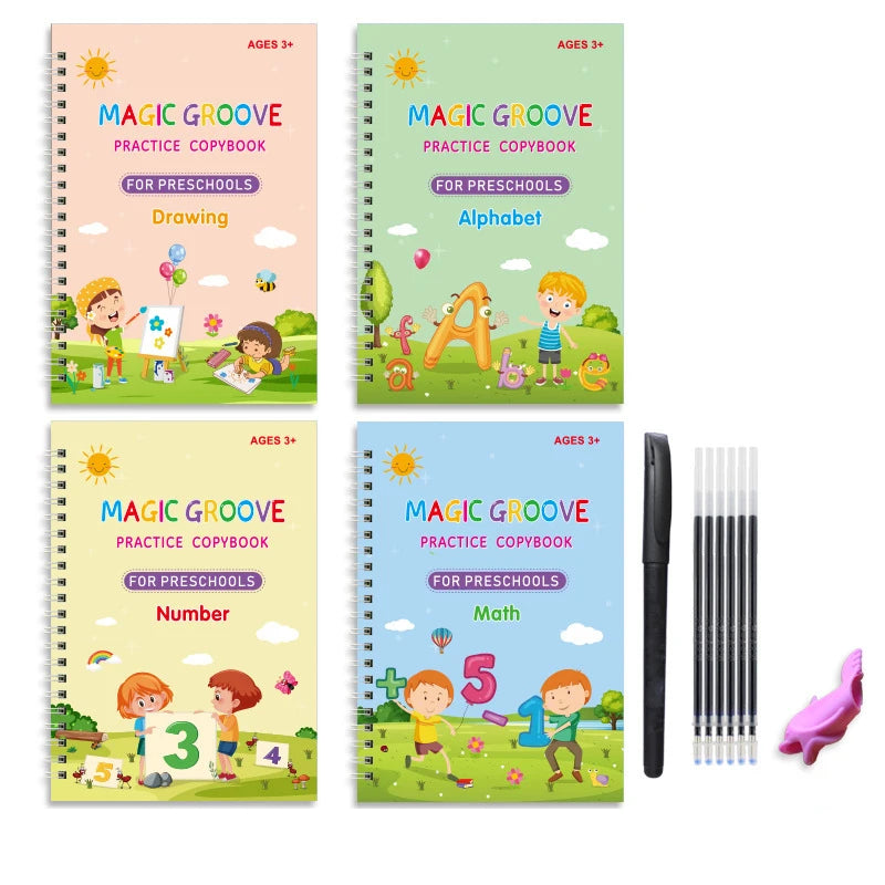 Un set de tres cuadernos de práctica de magia coloridos para niños en edad preescolar, con dibujo, alfabeto y números.
