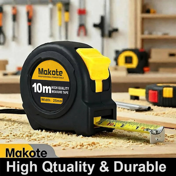 Black Makote 10m high quality measure tape with a yellow handle and scale on a wooden surface.