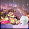 A white galaxy projector night light illuminates a starry sky scene with pink and purple nebulas and flowers.