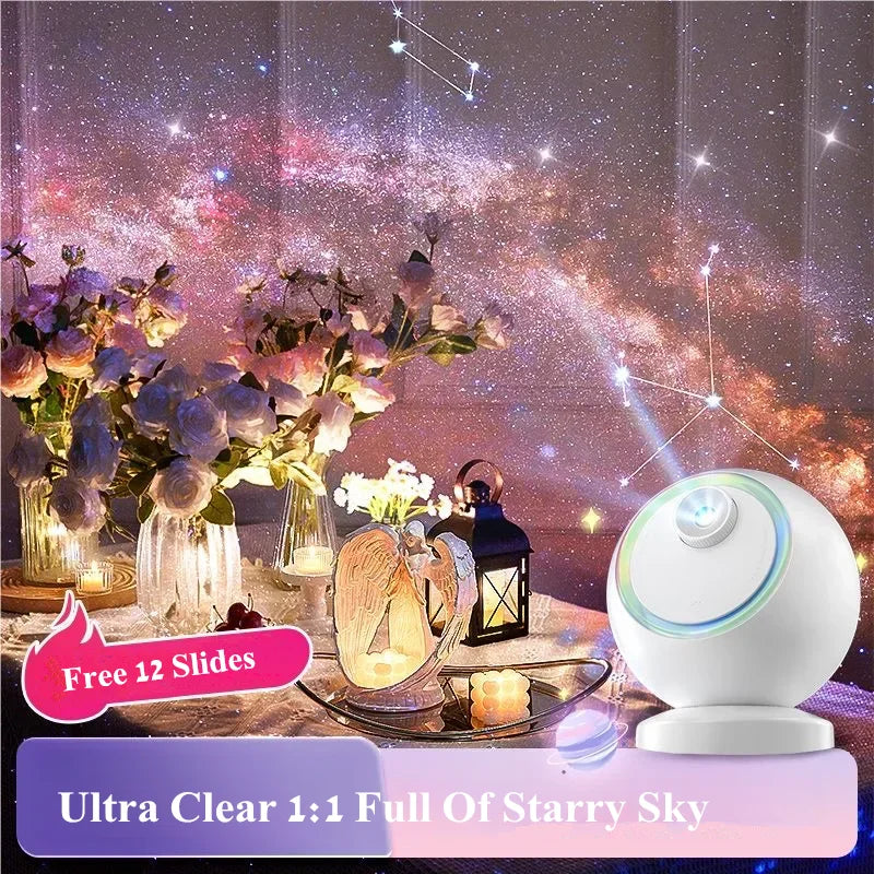 A white galaxy projector night light illuminates a starry sky scene with pink and purple nebulas and flowers.