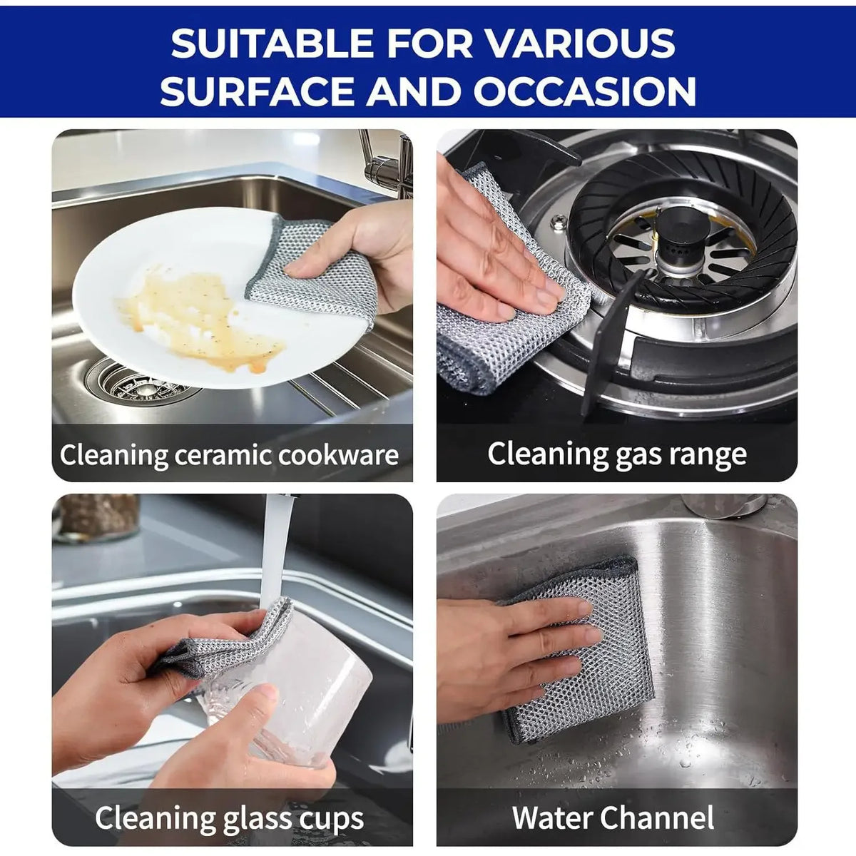 Various mesh cleaning cloths used for cleaning ceramic cookware, gas range, glass cups, and water channels.