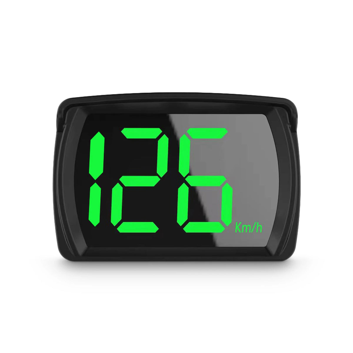 A black digital speedometer displaying 126 Km/h on a bright green LED screen.