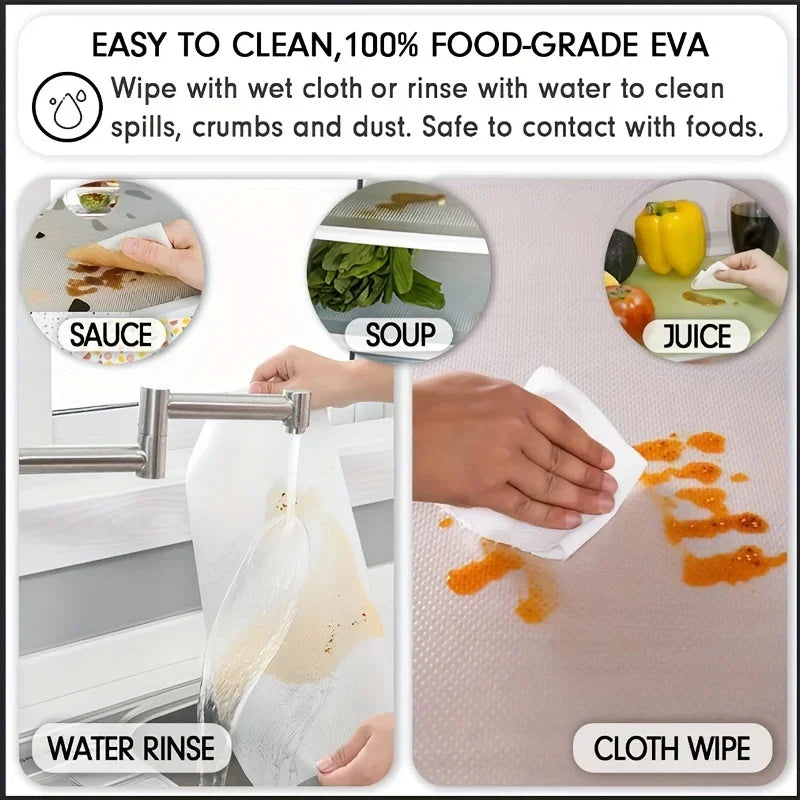 EVA refrigerator shelf liners are shown being cleaned with a wet cloth or rinsed with water to remove spills and dust.