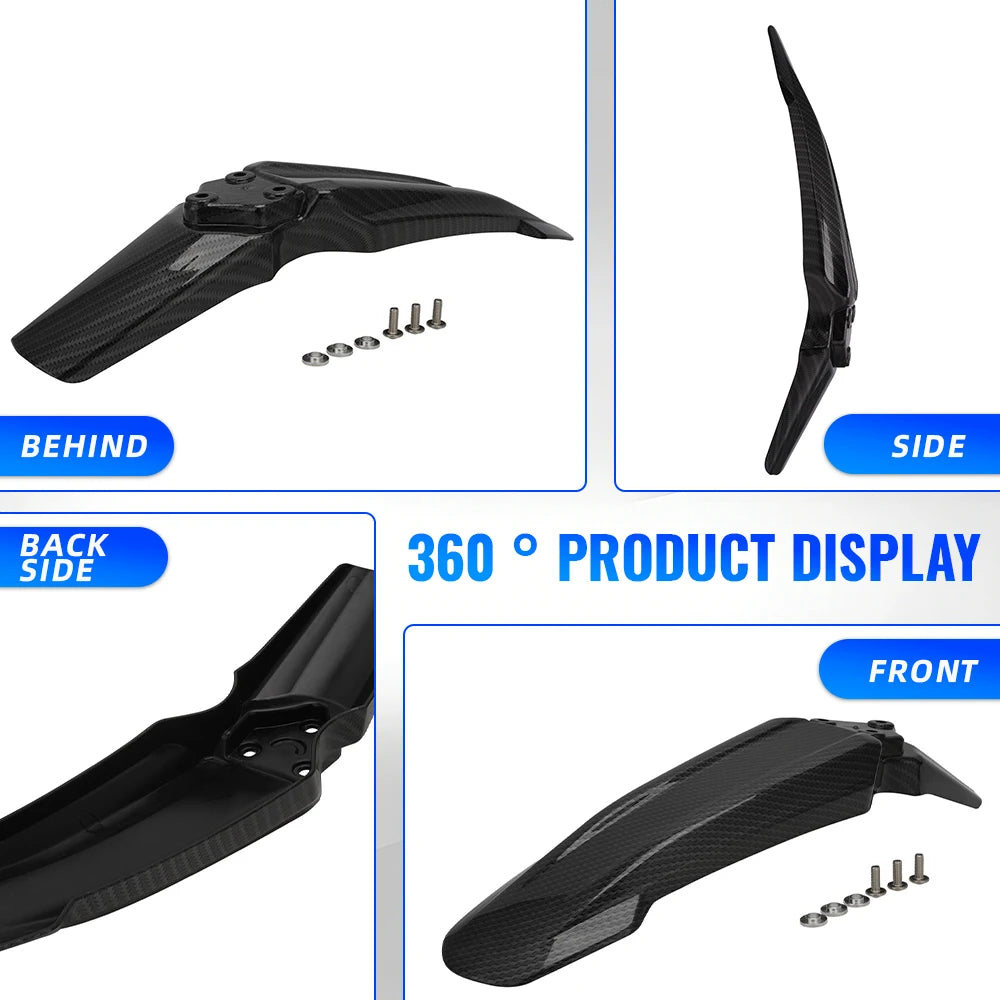 Black universal front and rear fender for Sur-Ron electric dirt bikes shown from multiple angles