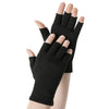 Black fingerless compression gloves worn on a hand, showing the fit and design.