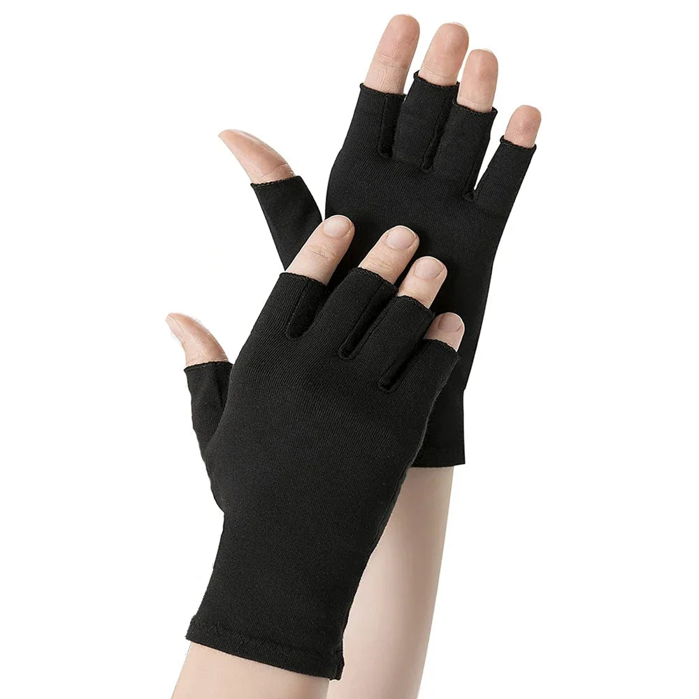 Black fingerless compression gloves worn on a hand, showing the fit and design.