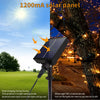 A 1200mA solar panel is mounted on a tree to power LED string lights for outdoor garden decoration.