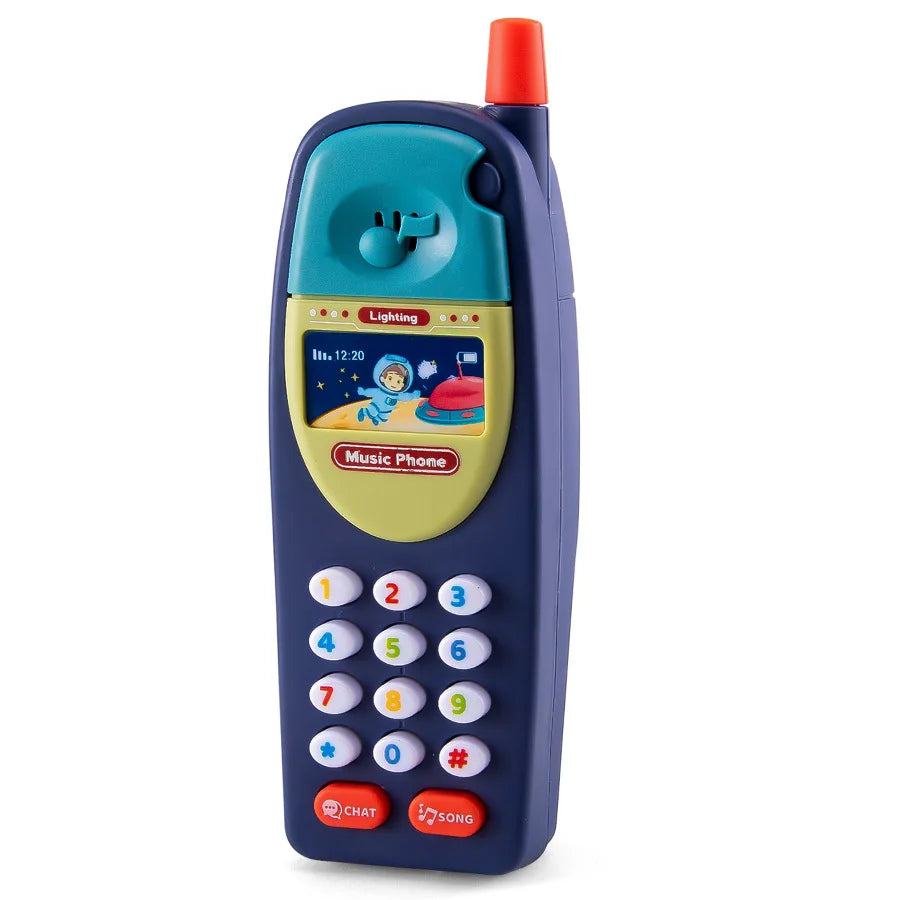 A blue kids learning toy smartphone with a red top, featuring buttons for chat and song.