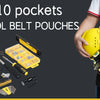 A yellow tool belt pouch with ten pockets is shown next to various hand tools and a person holding the pouch.