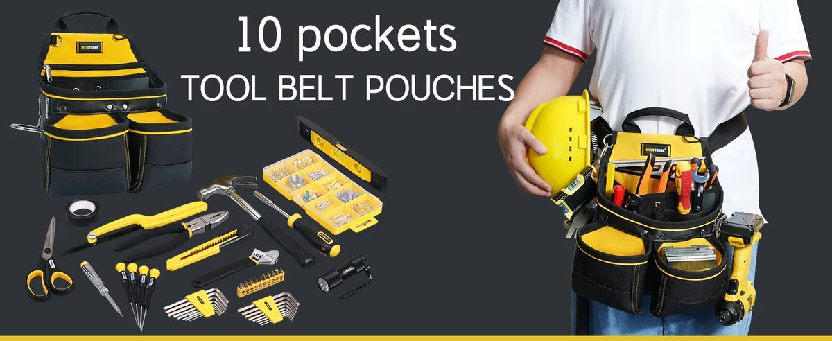 A yellow tool belt pouch with ten pockets is shown next to various hand tools and a person holding the pouch.