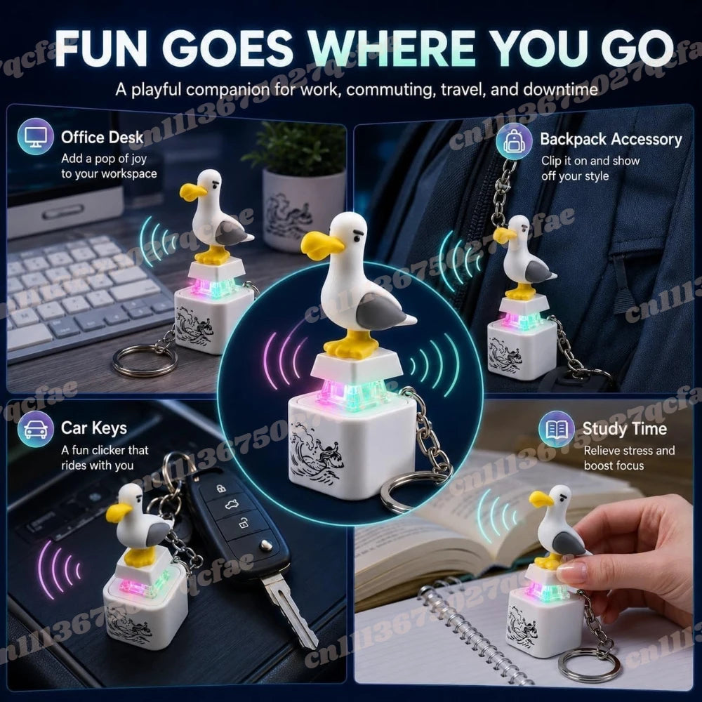 A white seagull keychain fidget toy with an LED light attached to a keyring and displayed in various contexts.