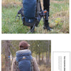 A person is wearing a dark blue waterproof hiking backpack while standing in a grassy outdoor area.