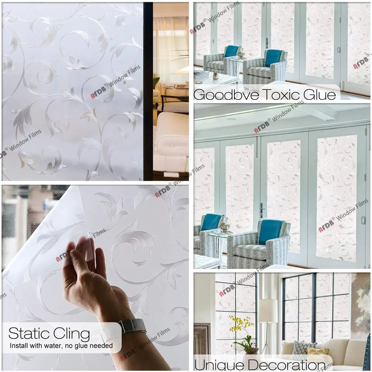 Frosted stripe privacy window film applied to a window, showing decorative patterns and installation context.