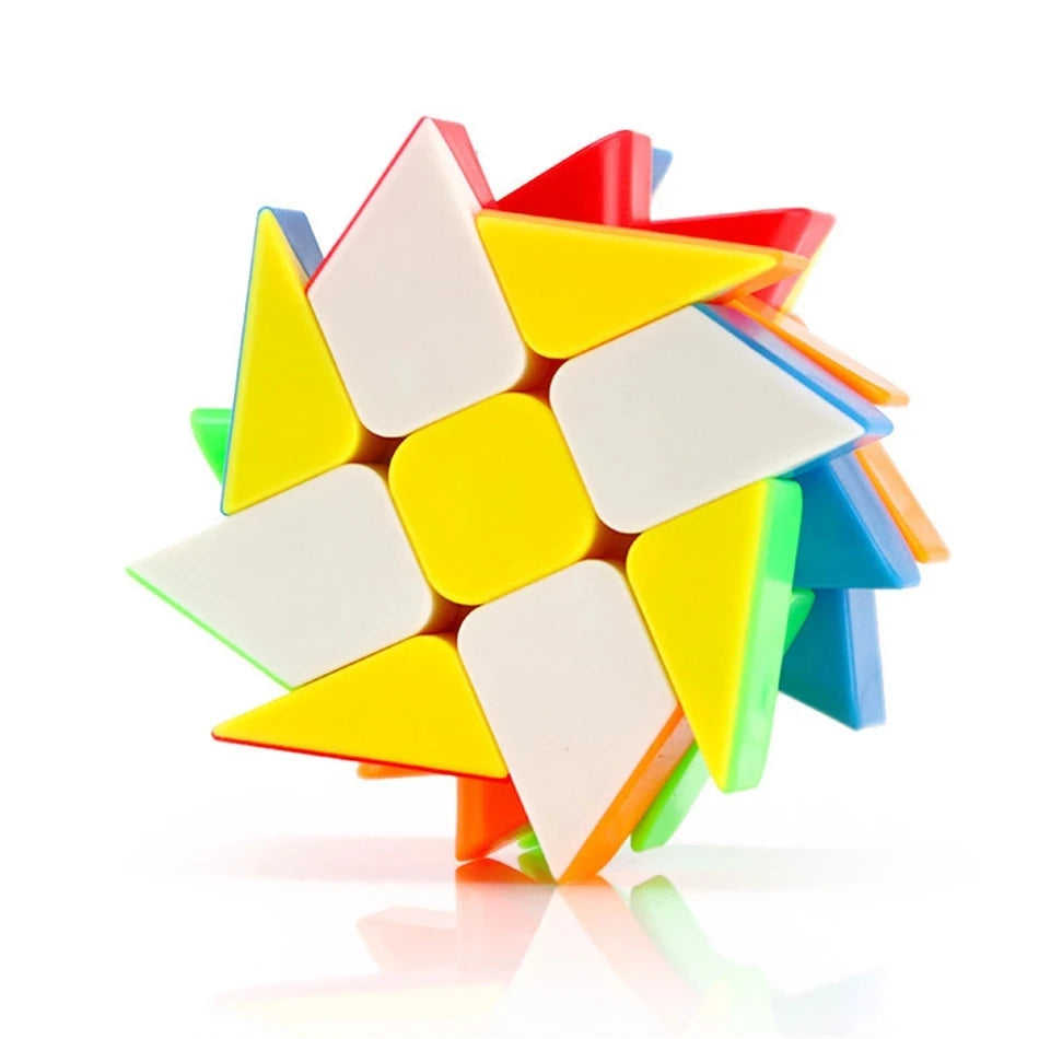 A colorful, geometric speed cube made of interlocking plastic pieces.