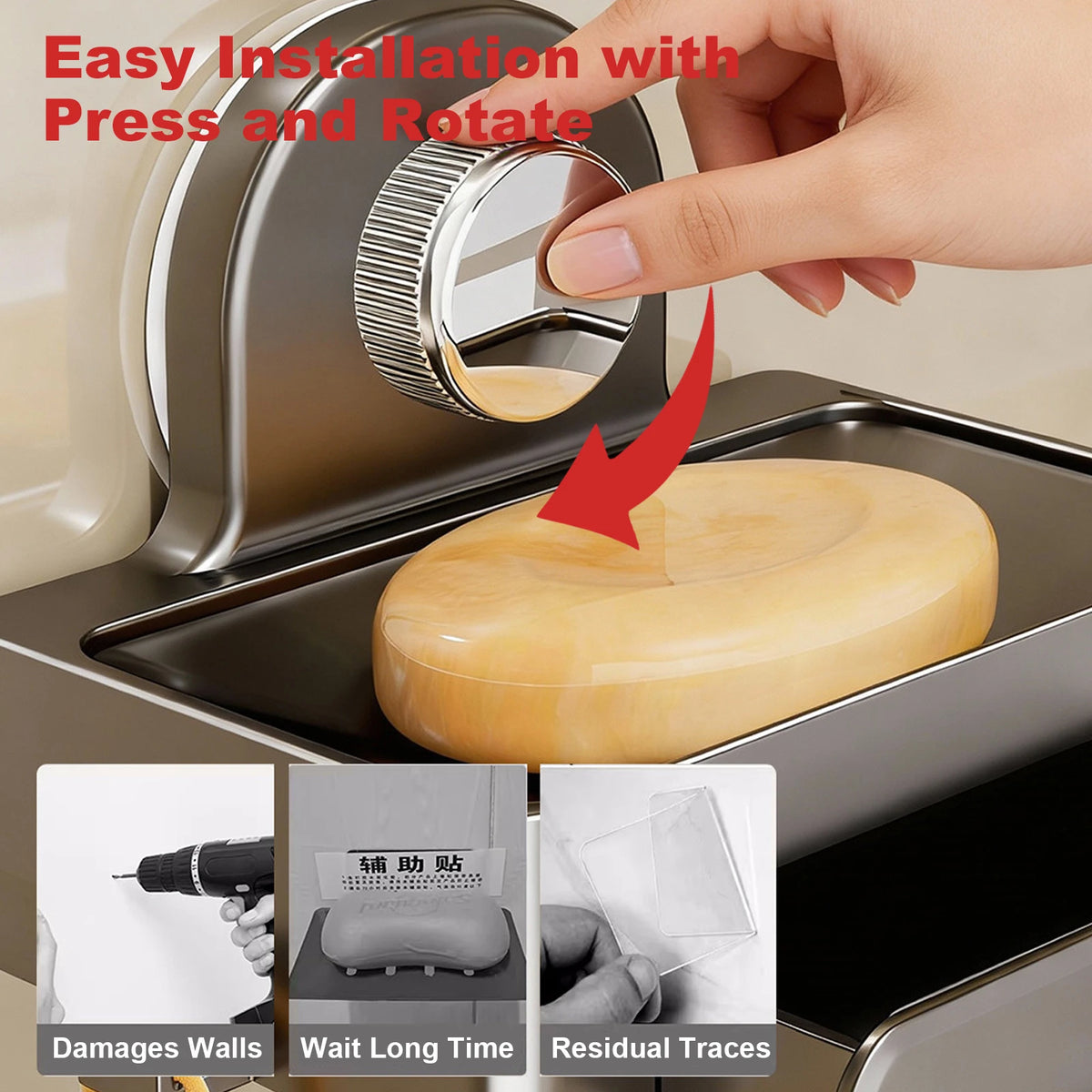Hand pressing and rotating a chrome wall-mounted soap dish with a drain tray for easy installation
