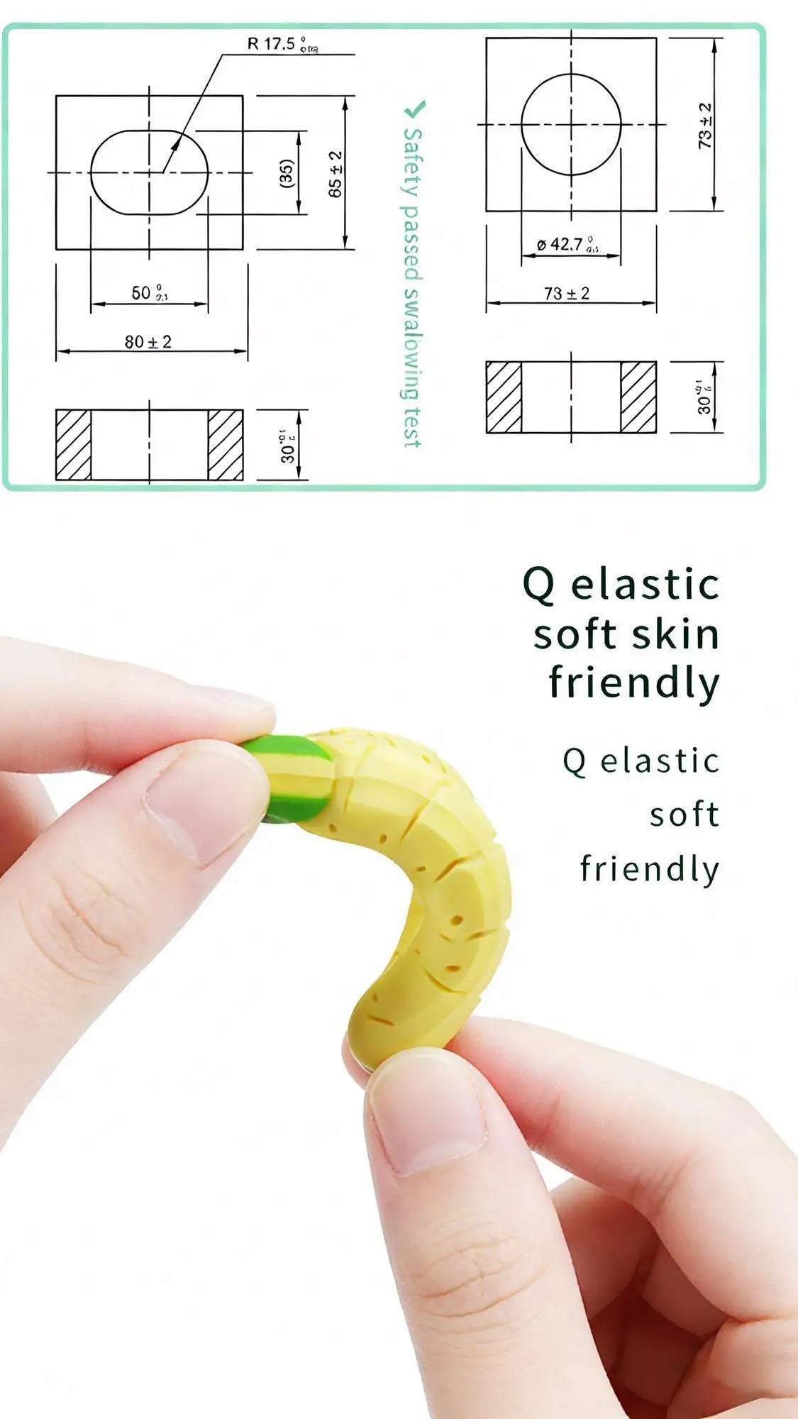A hand holds a yellow silicone fruit-shaped baby rattle teether, demonstrating its soft and elastic texture.