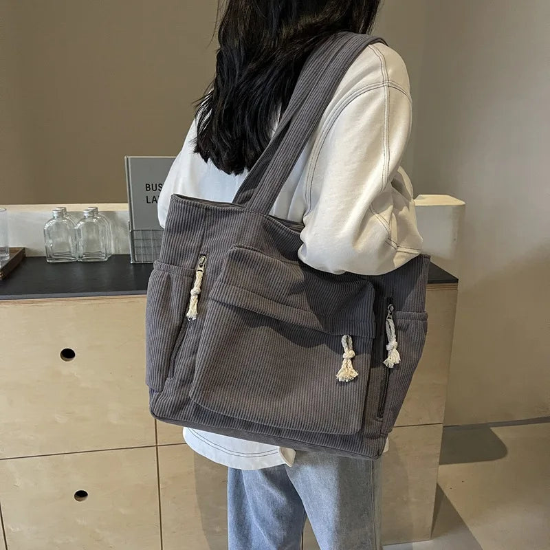 Classic Corduroy Tote Bag with Multiple Pockets