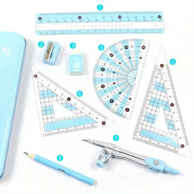 8-Piece Geometry Math Drawing Set with Compass & Ruler Kit