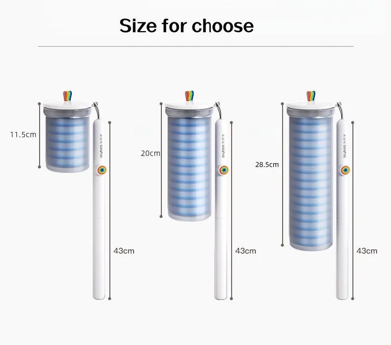Various sizes of a disposable toilet brush kit with wall-mounted holders shown side by side.