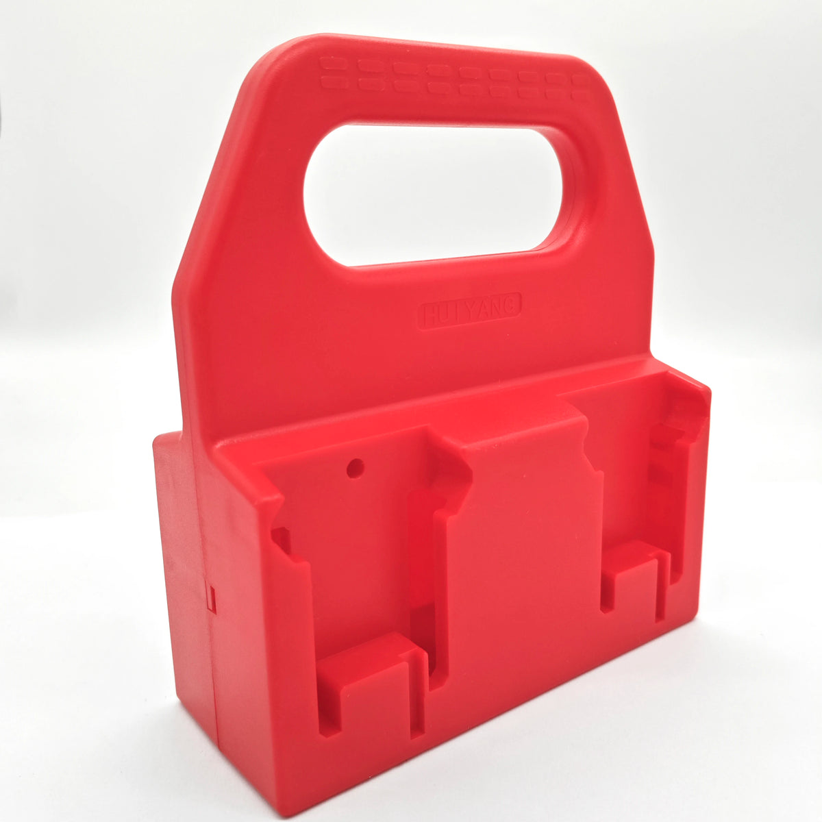 A red portable battery storage case with a handle and four slots for 18V Li-Ion batteries.