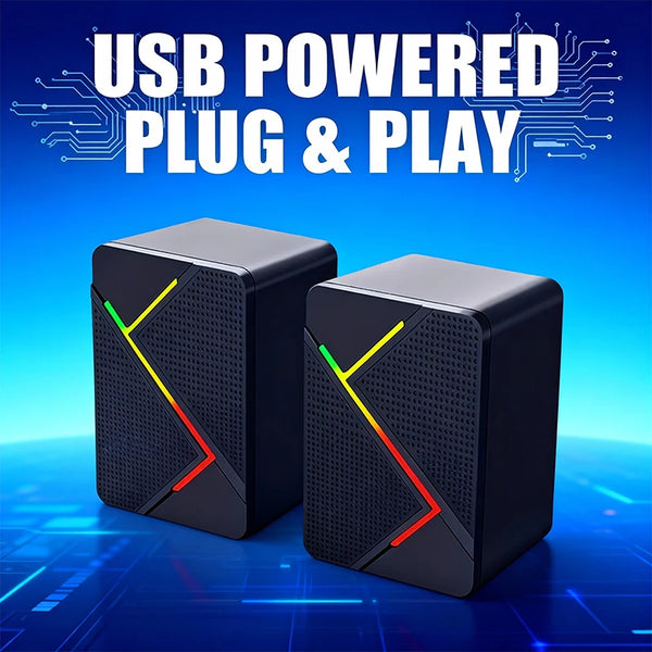 Zwei schwarze USB-betriebene Plug-and-Play-Desktop-Lautsprecher mit farbigen LED-Akzenten