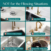 A collection of faucet mats and related accessories shown with various usage scenarios and exclusions.