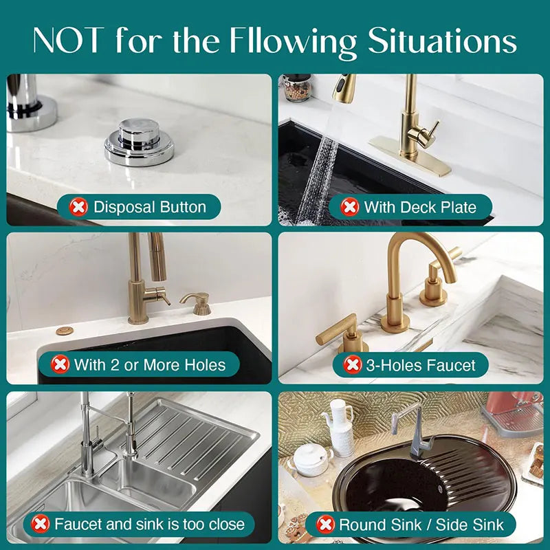A collection of faucet mats and related accessories shown with various usage scenarios and exclusions.