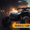 A black off-road vehicle is shown in a rainy, foggy outdoor setting with an aluminum light bar mounted on the roof.