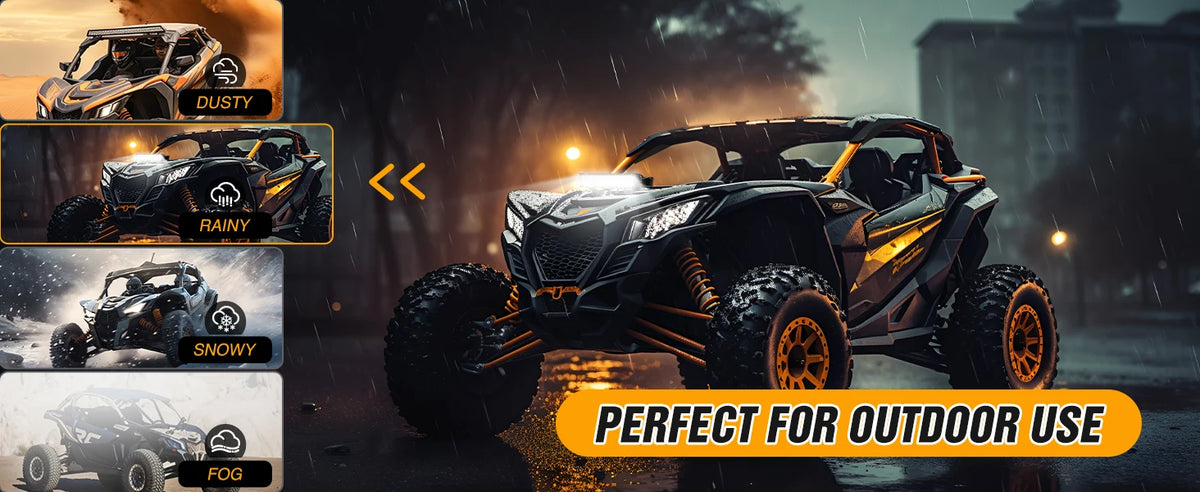 A black off-road vehicle is shown in a rainy, foggy outdoor setting with an aluminum light bar mounted on the roof.
