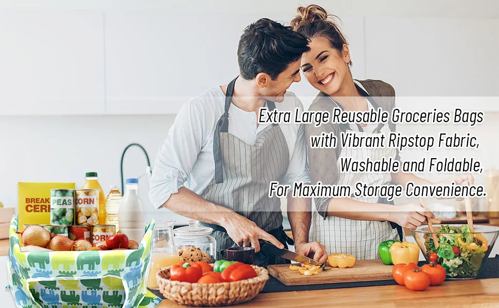 A man and woman in aprons are preparing groceries using extra large reusable bags with vibrant ripstop fabric.