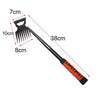 A black 2-in-1 stainless steel weeding shovel and rake with dimensions marked.